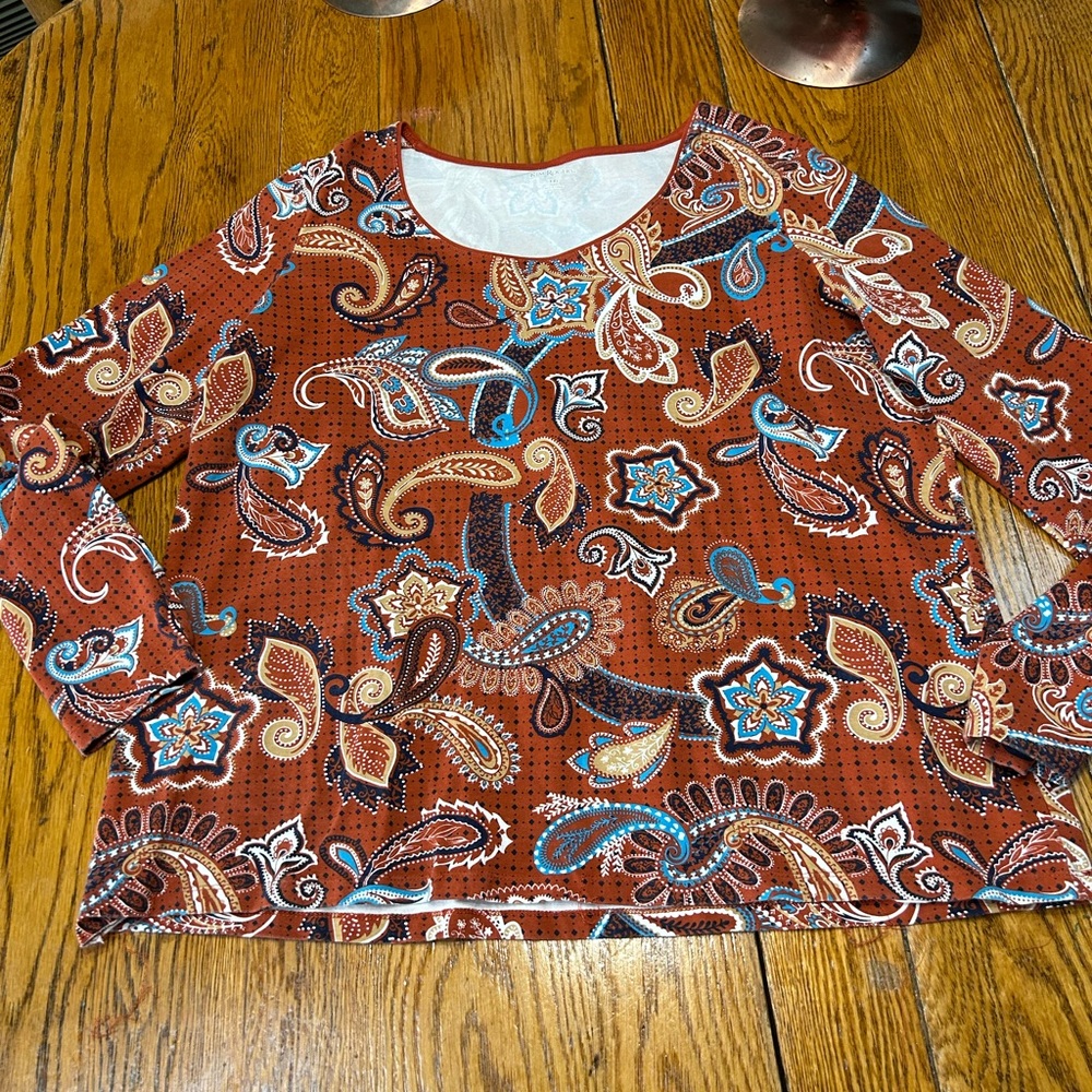 Kim Rogers rust/blue paisley print pullover top.  Size XXL.  Good condition.